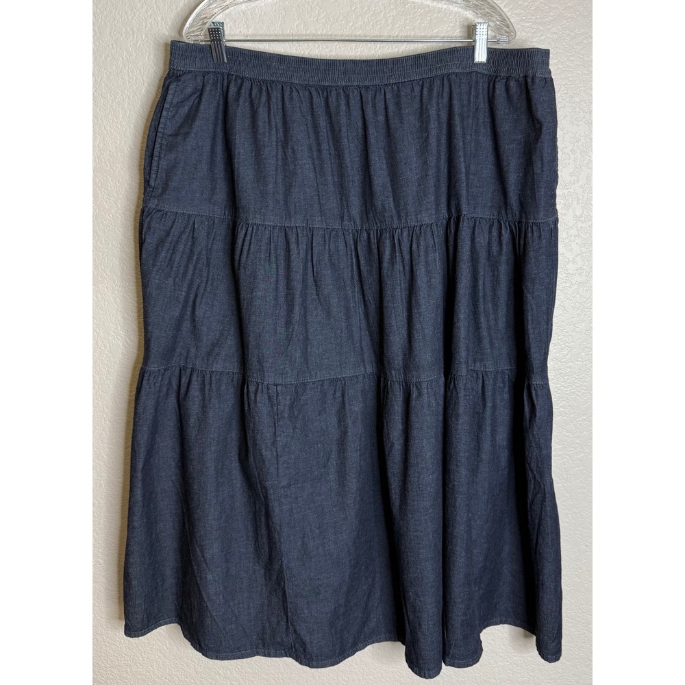 Denim & Co Womens 1XP Tiered Midi Skirt Dark Wash Blue‎ Elastic Waist Pockets